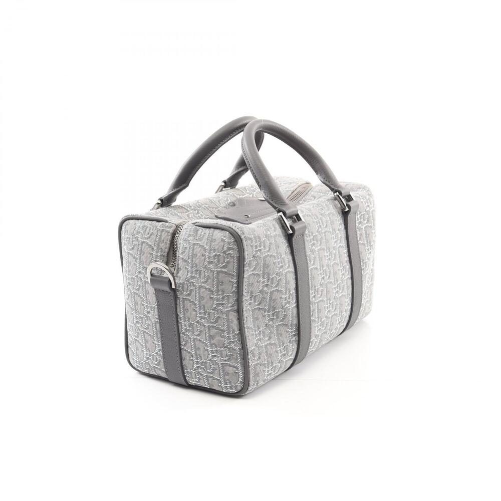 Dior Langot Oblique Handbag Canvas Leather Gray Silver Tone